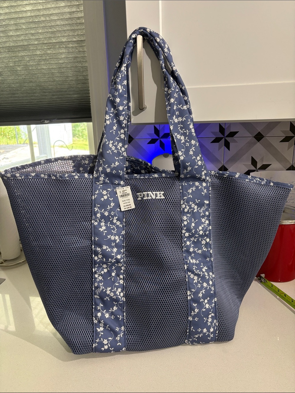 PINK Victoria's Secret Navy Floral-Trim Mesh Tote NWT